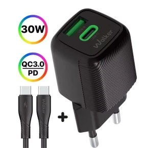 СЗУ-адаптер Walker WH-71 30W GAN (1USB/1Type-C) + кабель Type-C - Type-C (Чёрный)